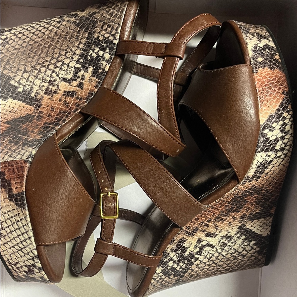 Sofia by Sofia Vergara Brown and Snake Print Wedges